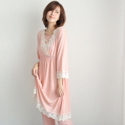 spring and autumn new Japanese maternity dress pregnant women breastfeeding clothes month clothes postpartum home service lace pajamas set - Mubimart - Maternity Cloth 