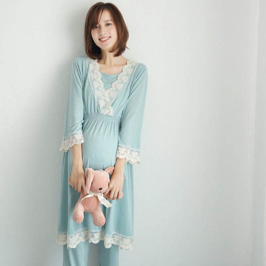 spring and autumn new Japanese maternity dress pregnant women breastfeeding clothes month clothes postpartum home service lace pajamas set - Mubimart